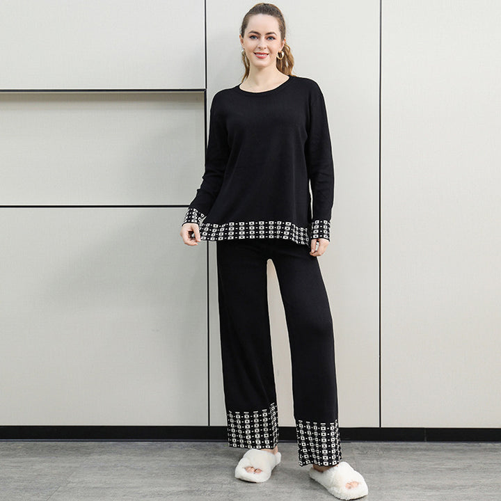 Damen stilvolles Strick-Loungewear-Set mit dekorativen Kontrastabschlüssen Drune