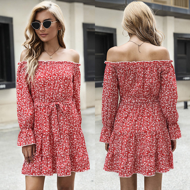 Damen schulterfreies Blumenkleid mit Carmenausschnitt, Taillenschnürung und Rüschensaum Drune