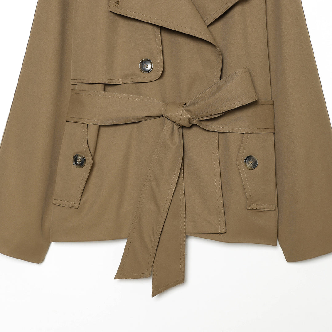 Damen nan kurz geschnittener Trenchcoat mit kontrastierendem Kunstlederkragen, Doppelreiher und Taillengürtel Drune