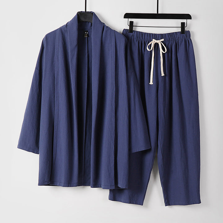 Unisex Lockeres Kimono-Lounge-Set aus leichter Baumwollmischung mit Schalkragen und Kordelbundhose Drune