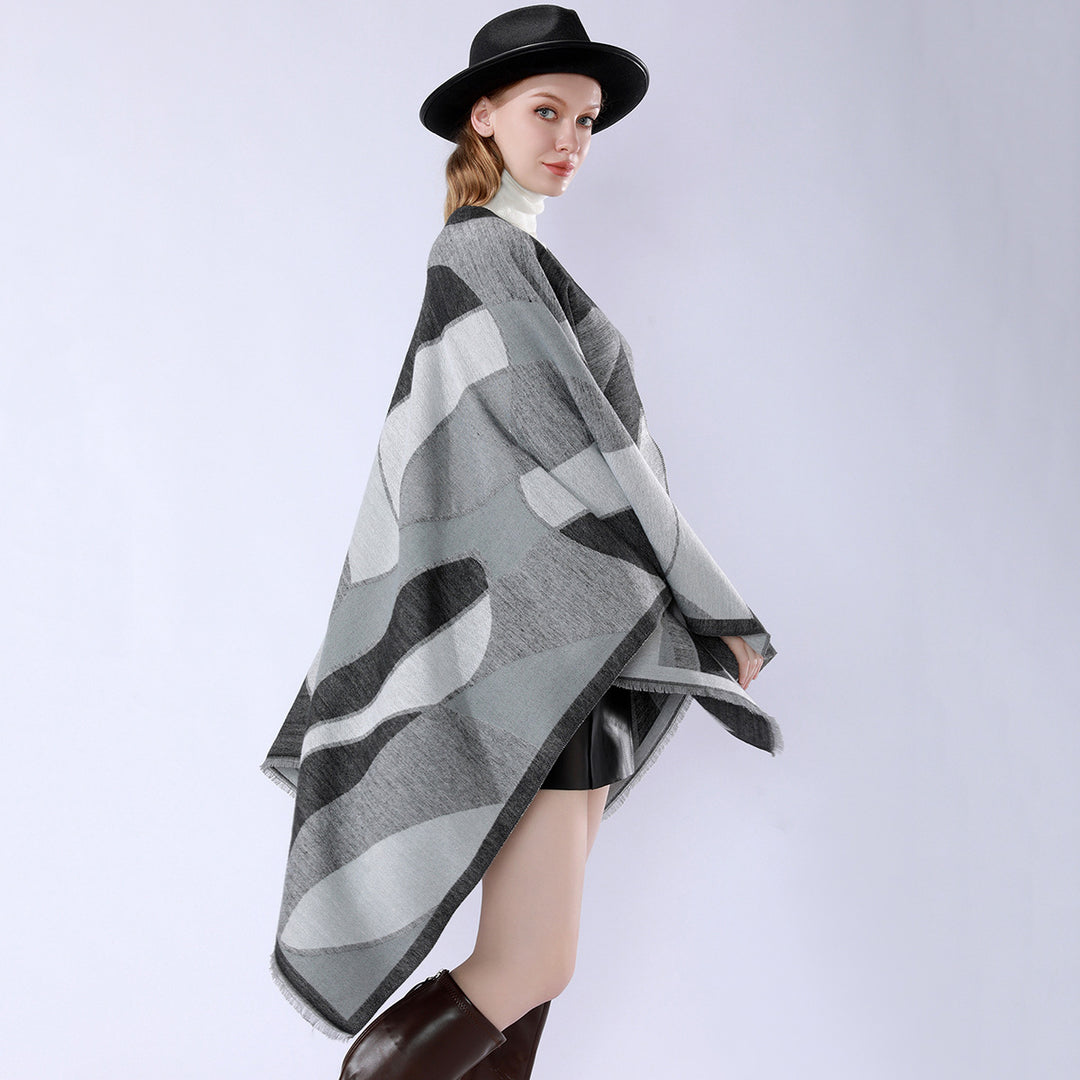 Damen Oversize-Poncho mit V-Ausschnitt und geometrischem Jacquard-Design Drune