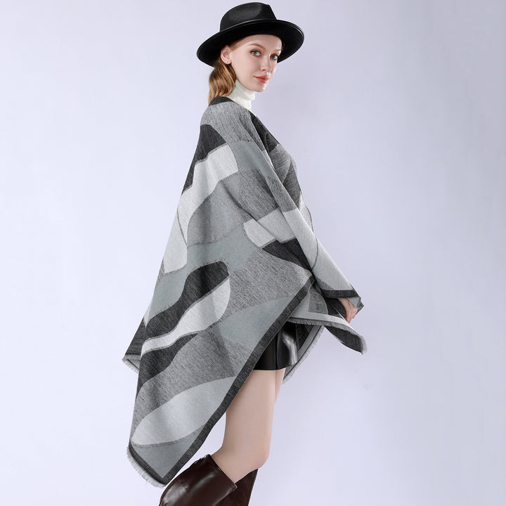 Damen Oversize-Poncho mit V-Ausschnitt und geometrischem Jacquard-Design Drune