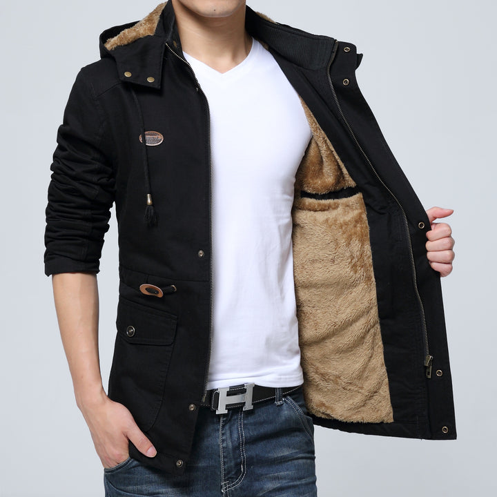 Herren leichter Utility-Parka mit Kapuze, Teddyfutter im Kragen und vertikaler Reißverschlusstasche Drune
