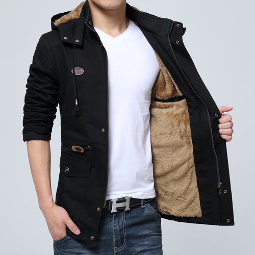 Herren leichter Utility-Parka mit Kapuze, Teddyfutter im Kragen und vertikaler Reißverschlusstasche Drune