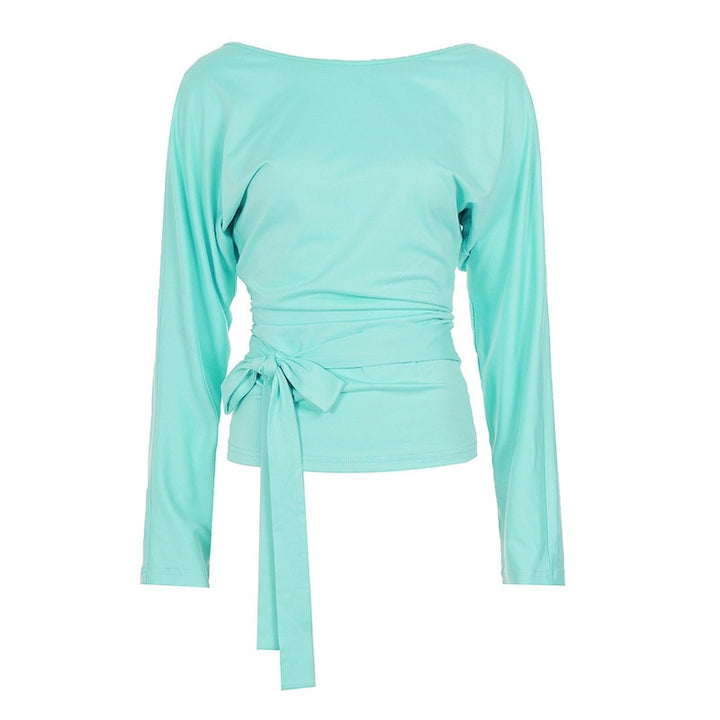 Damen Wickelshirt mit Taillengürtel und langen Ärmeln Drune