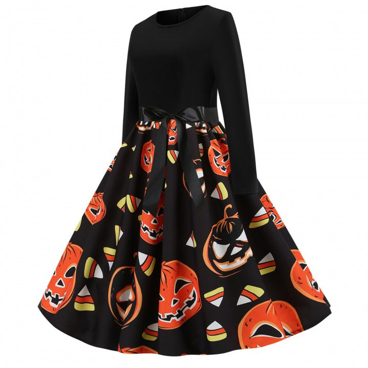 Damen Retro Swing-Kleid mit Halloween Kürbisprint und Taillenschleife Drune