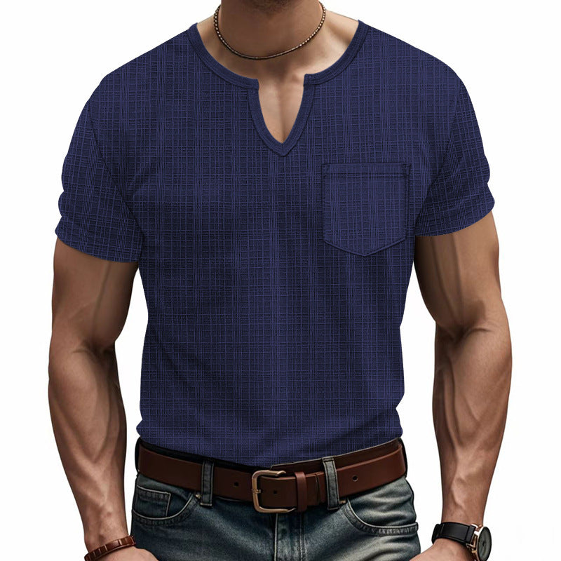 Herren Kurzarm V-Ausschnitt T-Shirt mit Brusttasche Drune