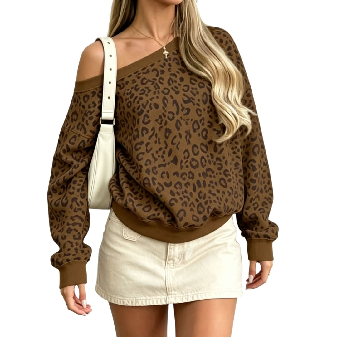 Damen Schulterfreier Leoparden-Print Sweatpullover mit Oversize-Schnitt Drune