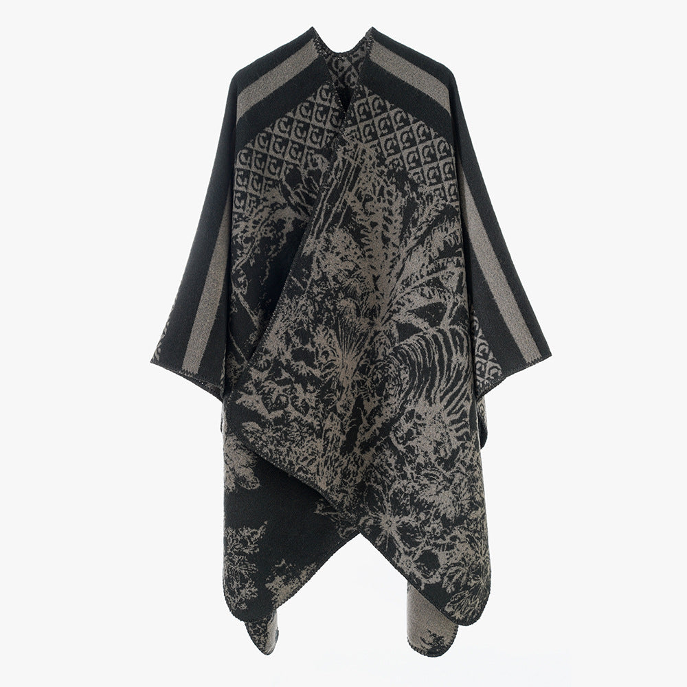 Damen Luxuriöser Jacquard-Motivponcho mit asymmetrischem Zipfelsaum Drune