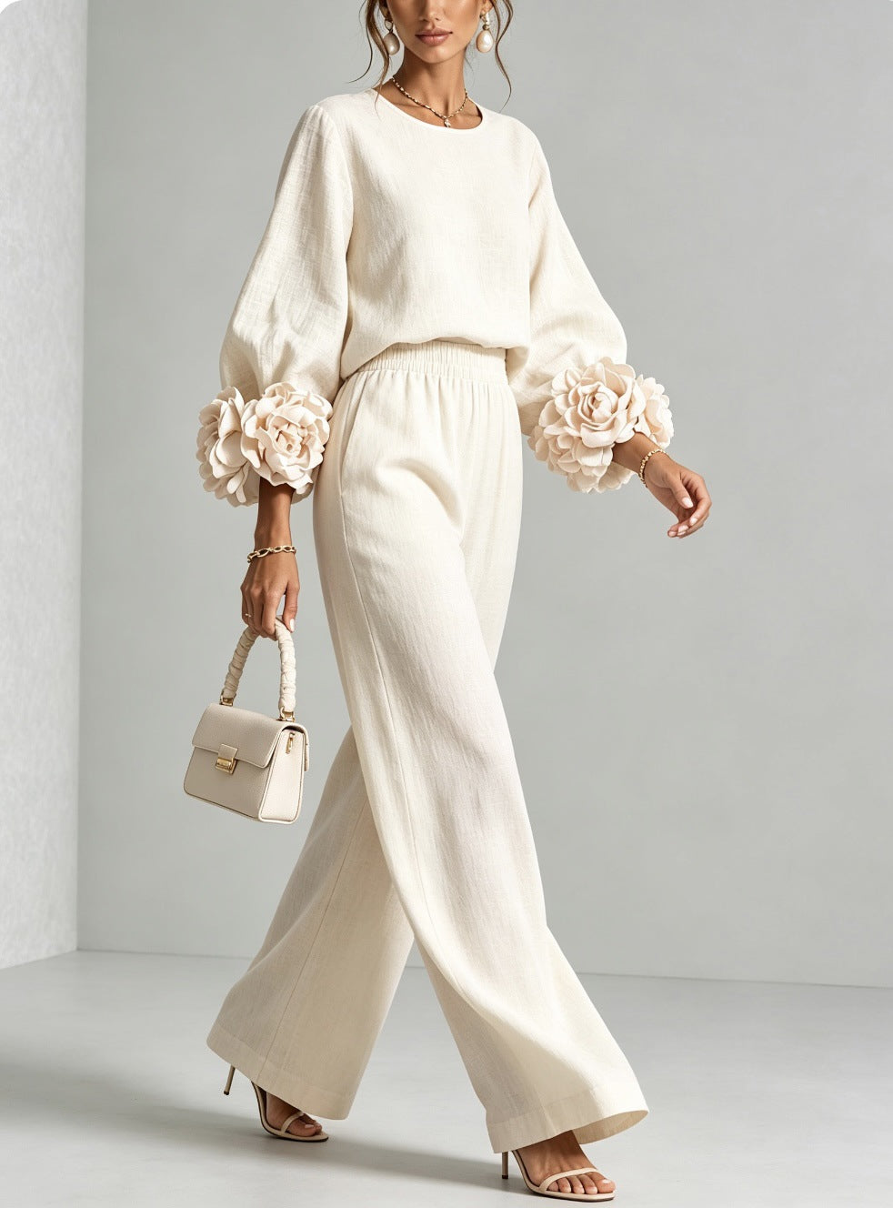 Damen Zweiteiliges Ensemble mit Ballonärmeln und Blumenmanschetten Drune