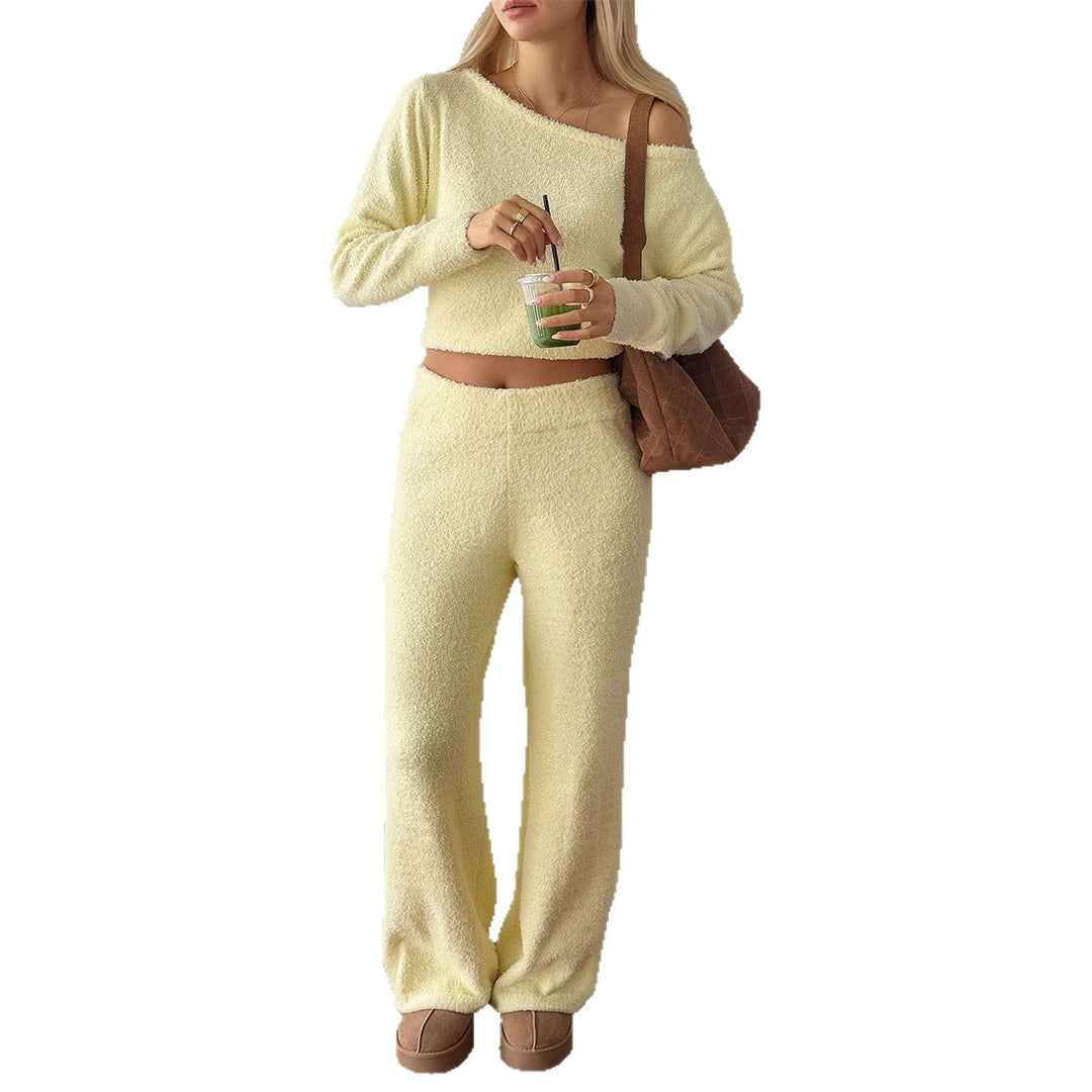 Damen nan kuscheliges Bouclé-Lounge-Set mit One-Shoulder-Crop-Pullover und Highwaist Palazzo-Hose Drune