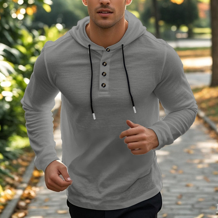 Herren nan lässiger Kapuzenpullover im Henley‑Stil mit Knopfleiste und verstellbarem Kordelzug Drune