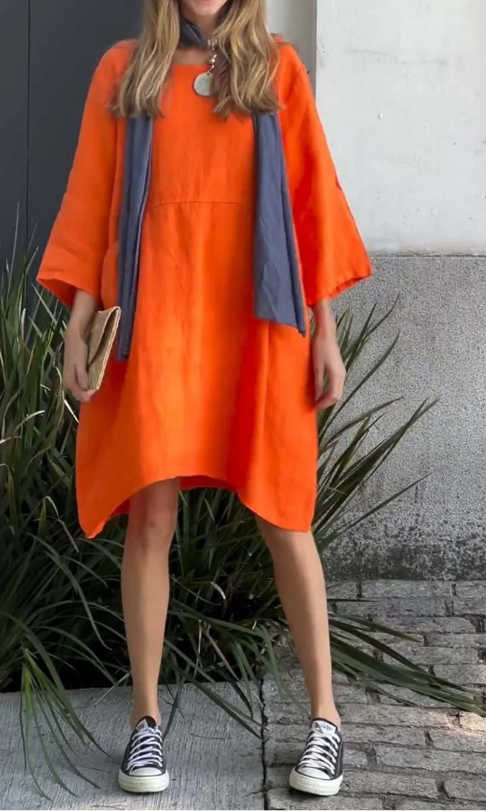 Damen lässiges Leinenkleid mit praktischen Taschen und asymmetrischem Saum Drune