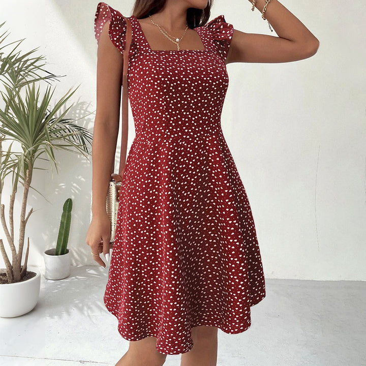 Damen lässiges A-Linien Kleid mit Quadrat-Ausschnitt und Volantärmeln Drune