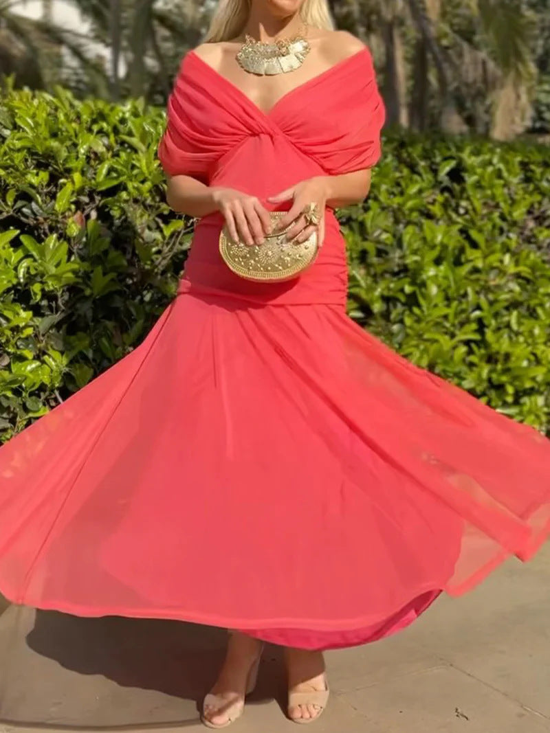 Damen nan elegantes bodenlanges Abendkleid mit drapierter Schulterpartie und luftiger Chiffon-Rock Drune