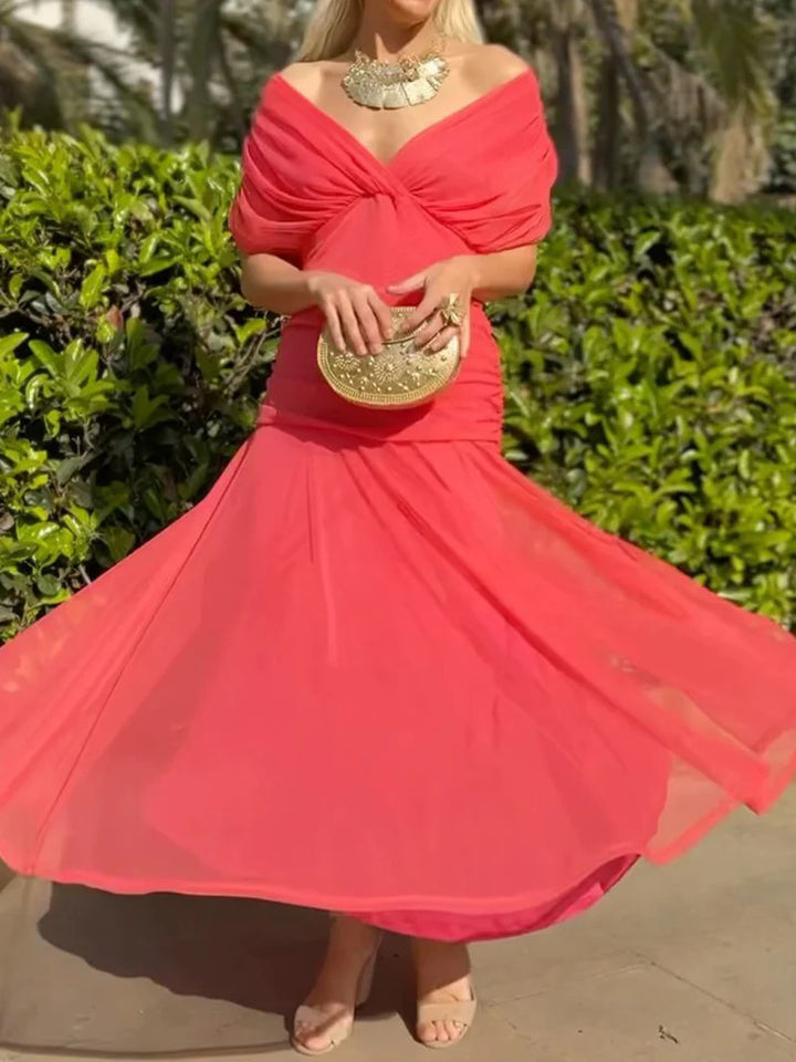 Damen nan elegantes bodenlanges Abendkleid mit drapierter Schulterpartie und luftiger Chiffon-Rock Drune