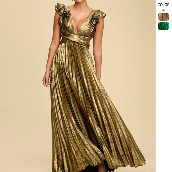 Damen Elegantes Maxikleid mit tiefem V-Ausschnitt und Rüschendetails Drune