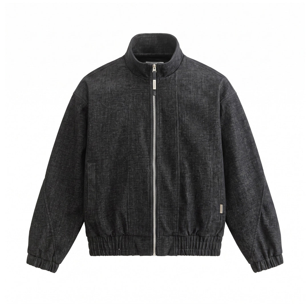 Unisex Boxy‑Bomberjacke aus strukturiertem Denim‑Optik mit hohem Stehkragen Drune
