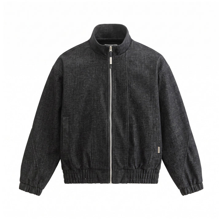 Unisex Boxy‑Bomberjacke aus strukturiertem Denim‑Optik mit hohem Stehkragen Drune