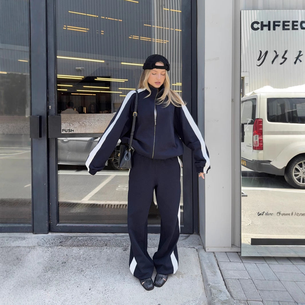 Damen gekürztes Zip-Hoodie mit elastischem Saum und hochgeschnittener High-Waist-Lounge-Jogginghose aus softem French-Terry Drune