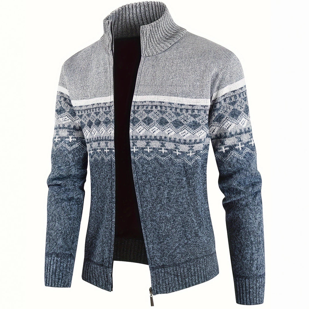 Herren Thermo-Strickjacke mit Stehkragen und Reißverschluss Norwegerstrick Fleece-gefüttert Drune