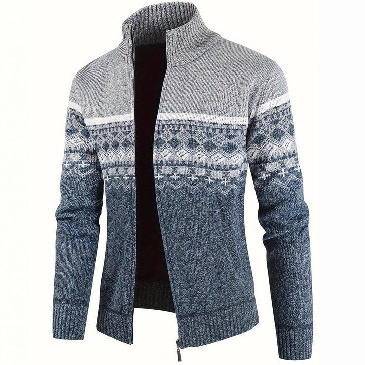 Herren Thermo-Strickjacke mit Stehkragen und Reißverschluss Norwegerstrick Fleece-gefüttert Drune