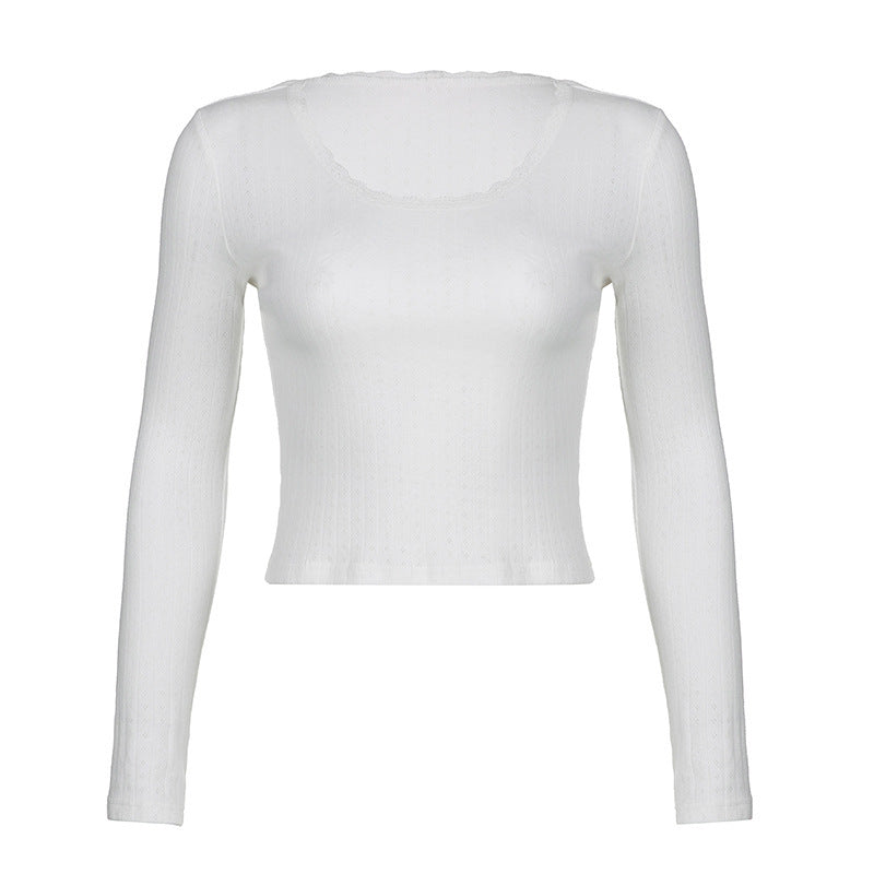 Damen Tailliertes Rippstrick-Cropped-Longsleeve mit Spitzenkante Drune