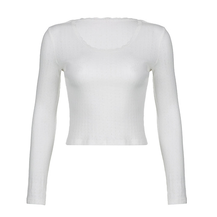 Damen Tailliertes Rippstrick-Cropped-Longsleeve mit Spitzenkante Drune