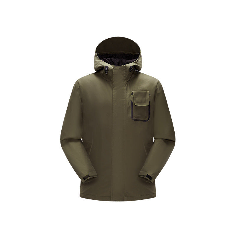 Herren wasserdichte Utility‑Outdoorjacke mit verdeckter Front, Kapuze und funktionaler Brusttasche Drune