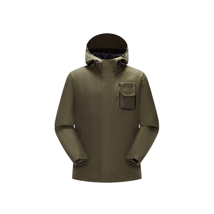 Herren wasserdichte Utility‑Outdoorjacke mit verdeckter Front, Kapuze und funktionaler Brusttasche Drune
