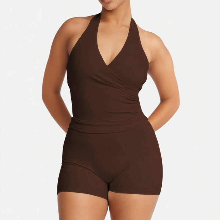 Damen Sportlicher Einteiler mit Wickeldesign und tiefem V-Ausschnitt Drune