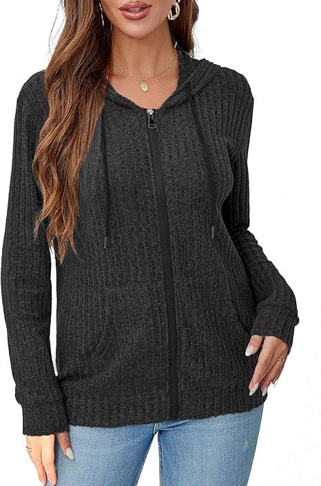 Damen Strick-Kapuzenjacke mit Reißverschluss, Waffelstruktur und Eingrifftaschen Drune
