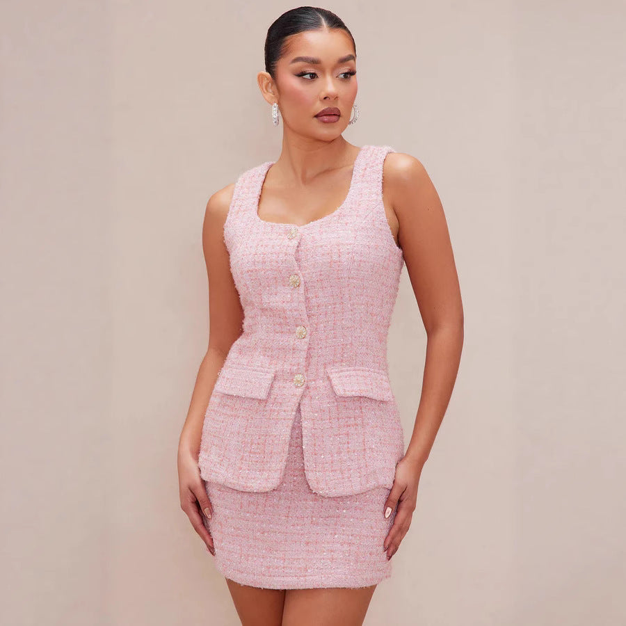 Damen Tweed Mini-Kleid mit zeitlosen Knopfdetails und eleganter Silhouette Drune
