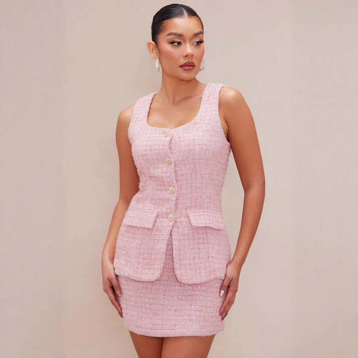 Damen Tweed Mini-Kleid mit zeitlosen Knopfdetails und eleganter Silhouette Drune