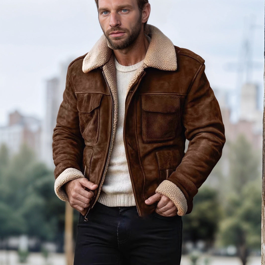 Herren Lammfell‑Imitat‑Fliegerjacke im Vintage‑Lederlook Drune