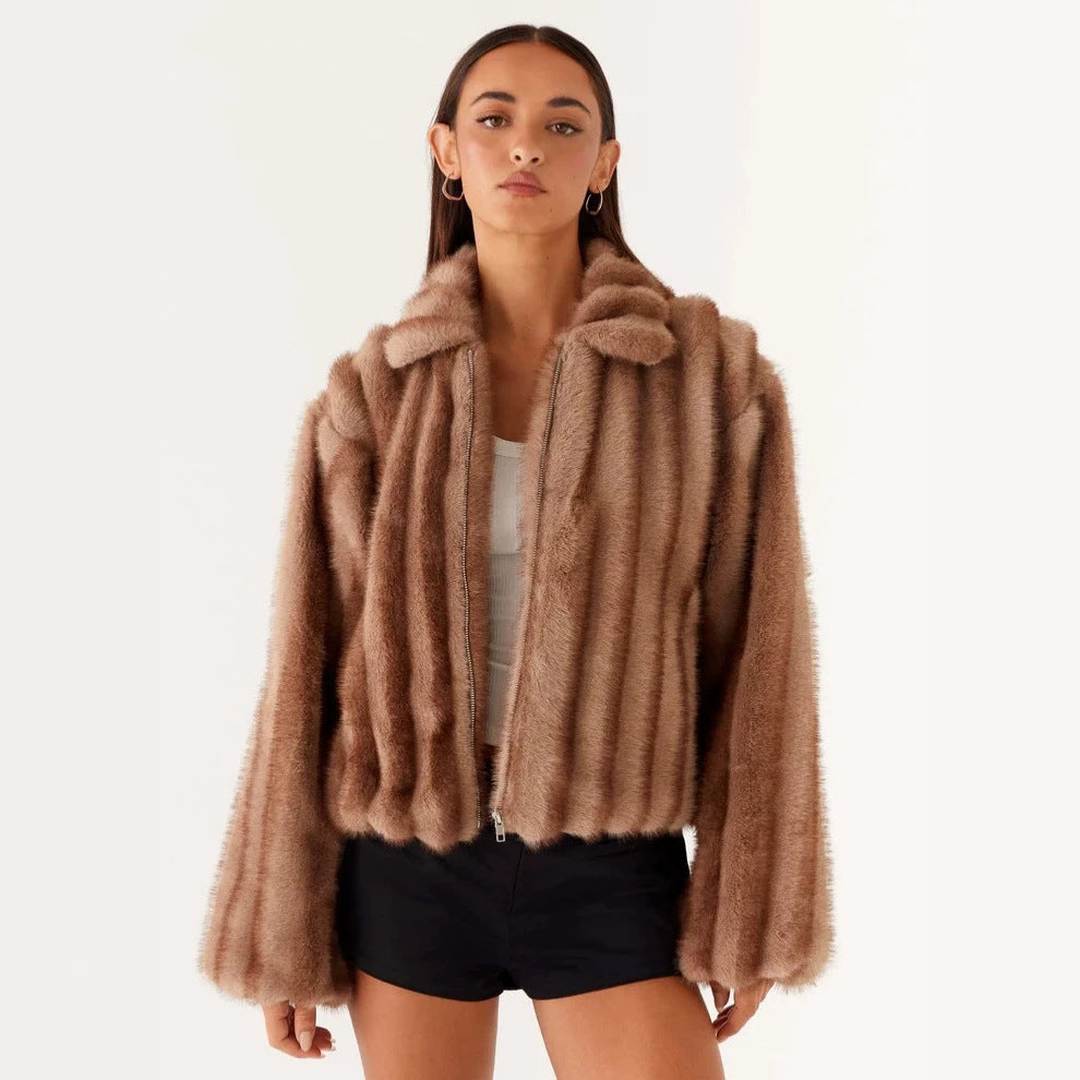 Damen Kurzjacke aus luxuriösem Hochflor-Kunstpelz mit Reißverschluss und voluminösen Ärmeln Drune