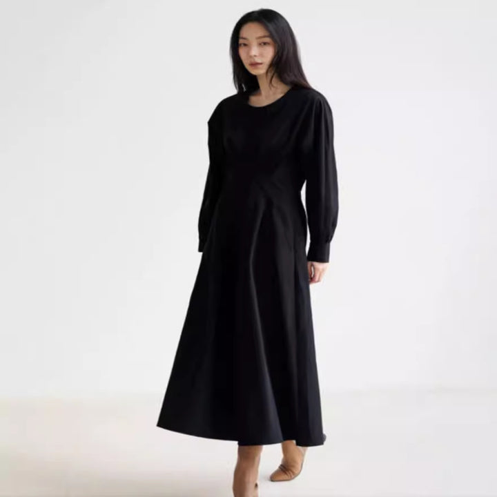 Damen Maxikleid mit Taillenabnähern, Rundhalsausschnitt und voluminösen Manschetten Drune