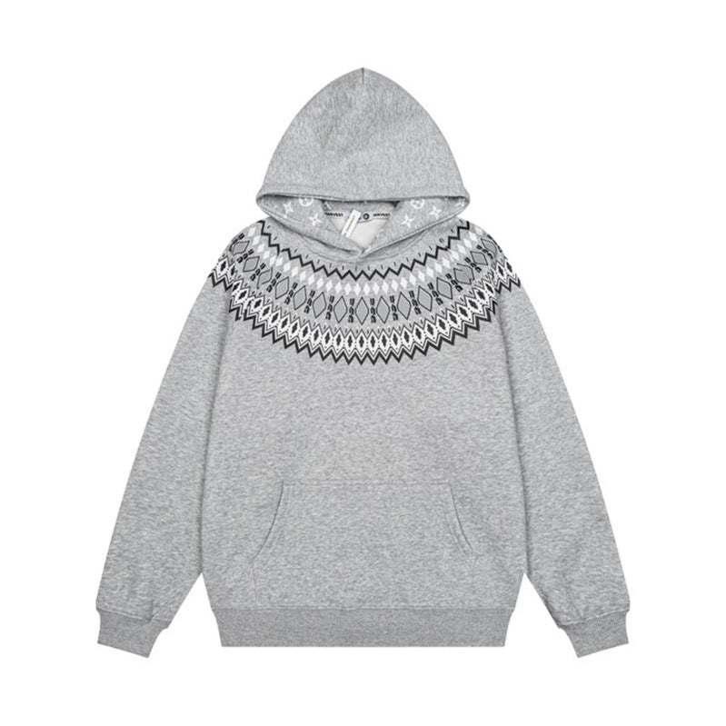 Unisex Oversize Kapuzenpullover mit nordischem Rundpasse-Jacquard, Kängurutasche und Rippbündchen Drune