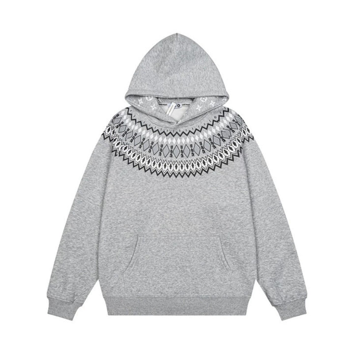 Unisex Oversize Kapuzenpullover mit nordischem Rundpasse-Jacquard, Kängurutasche und Rippbündchen Drune
