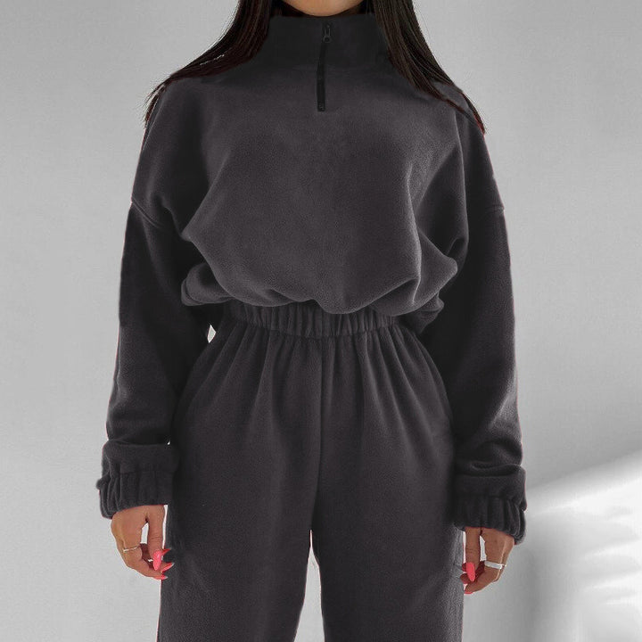 Damen Relax-Fleece-Set mit Stehkragen-Halbzip und geraffter High-Waist-Hose Drune
