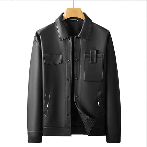 Herren Minimalistische Lederimitat-Utility-Jacke mit Druckknopf-Verschluss und Mehrfachtaschen Drune