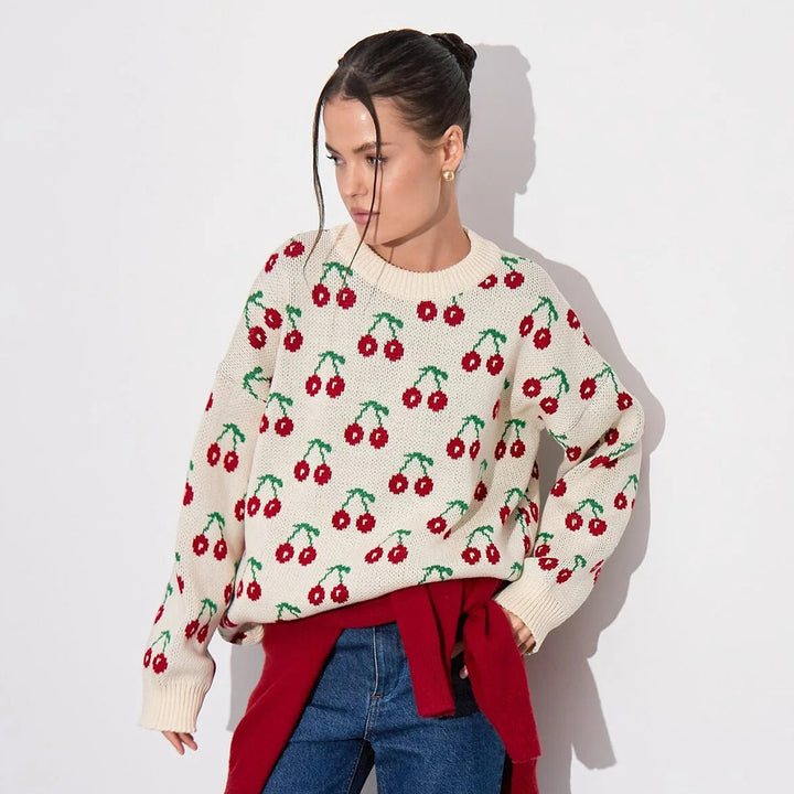Damen Kuscheliger Strickpulli mit Kirschenmuster Drune