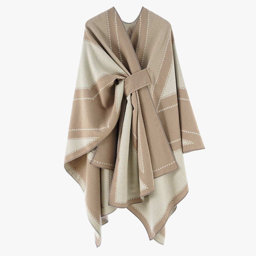 Damen Oversize-Cape aus Jacquard-Strick mit Bindeschlaufe Drune