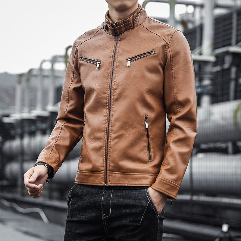 Herren Kunstleder-Motojacke im Aviator‑Stil mit Stehkragen und funktionalen Reißverschlüssen Drune