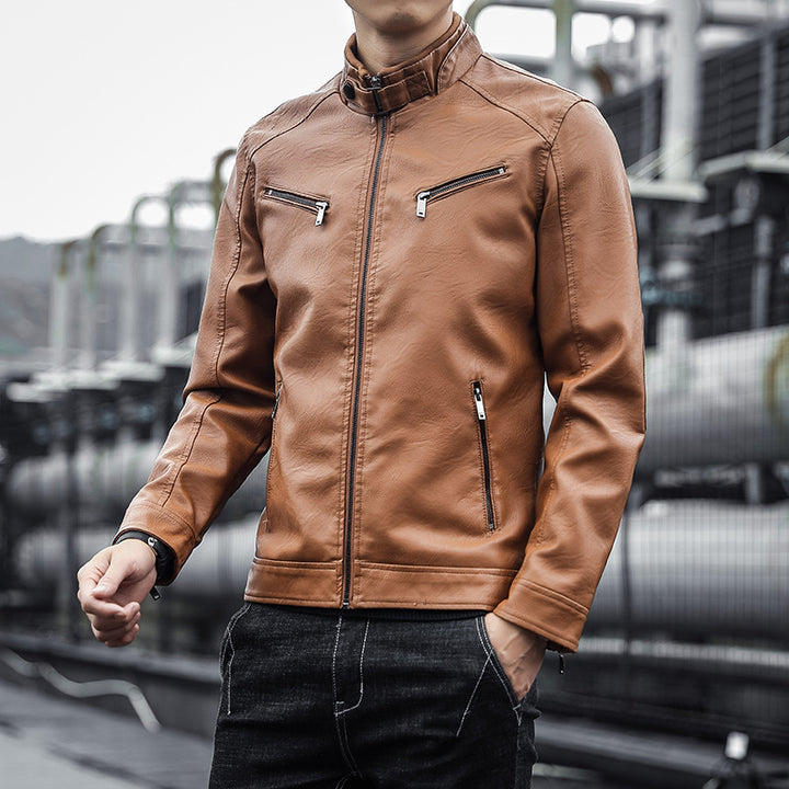 Herren Kunstleder-Motojacke im Aviator‑Stil mit Stehkragen und funktionalen Reißverschlüssen Drune