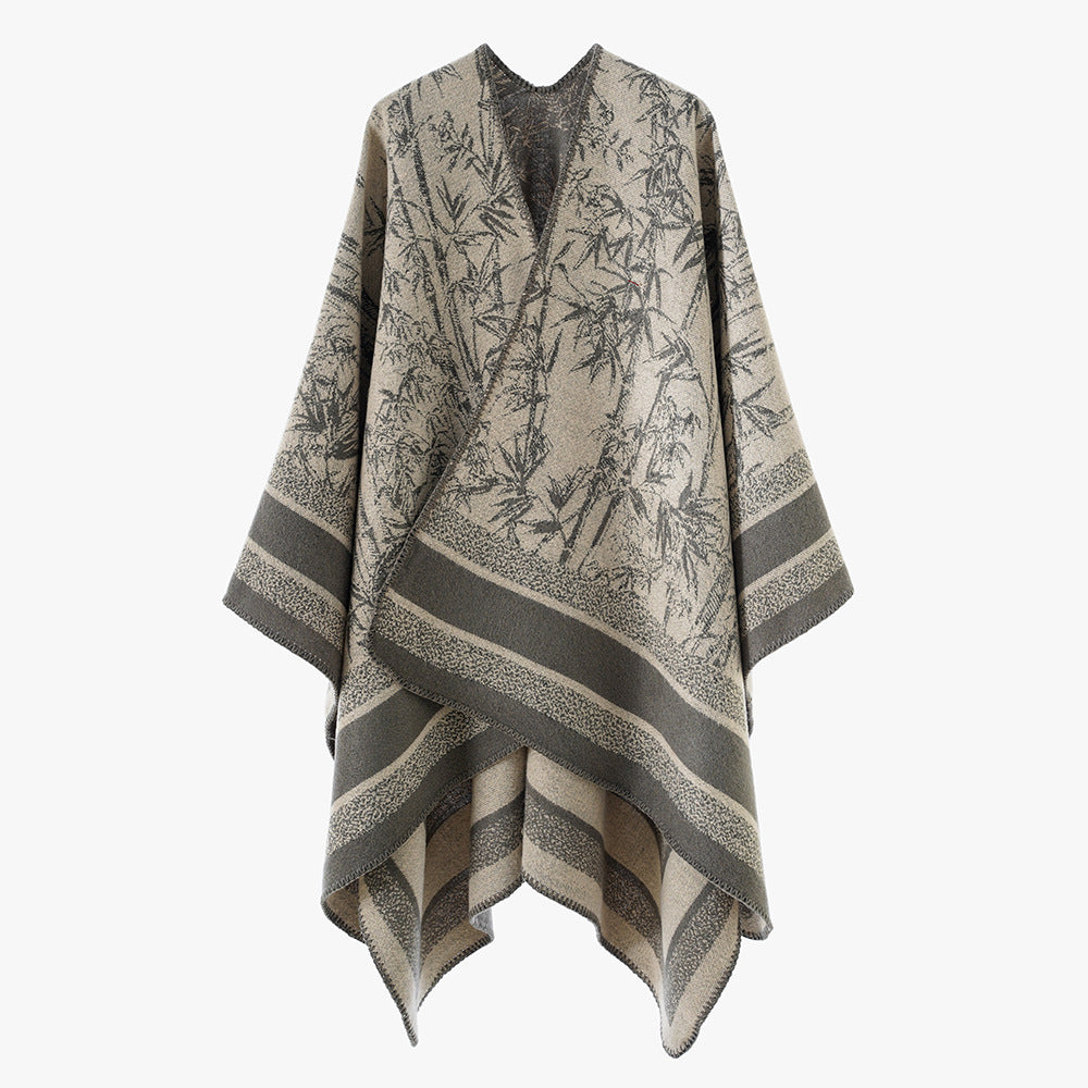 Damen Grobgewebter Jacquard-Capeponcho mit Bambusmotiv und asymmetrischem Zipfelsaum Drune