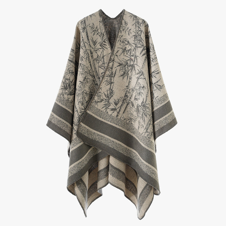 Damen Grobgewebter Jacquard-Capeponcho mit Bambusmotiv und asymmetrischem Zipfelsaum Drune