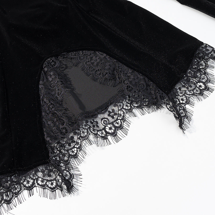 Damen Samtshirt mit asymmetrischem Spitzen-Saum und Schlitzdetail Drune