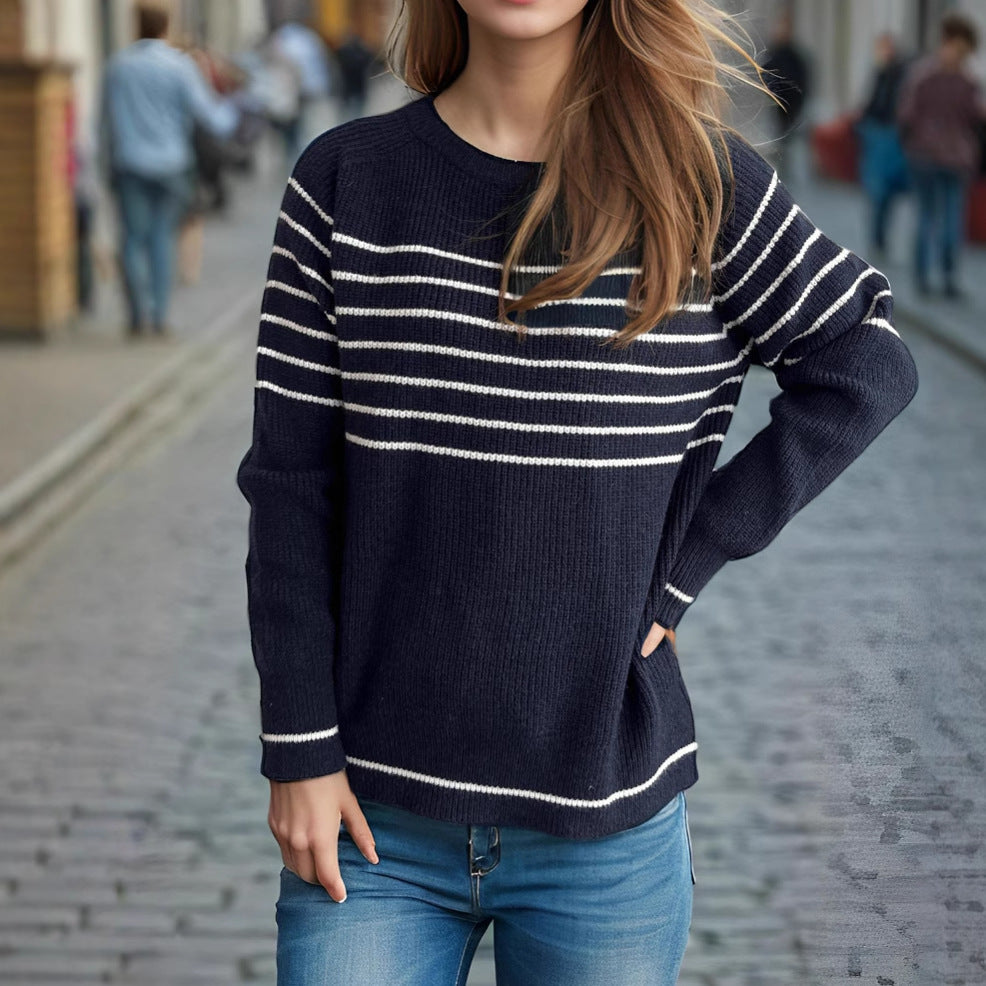 Damen lässiger Pullover mit maritimem Streifenmuster und weichem Stoff Drune