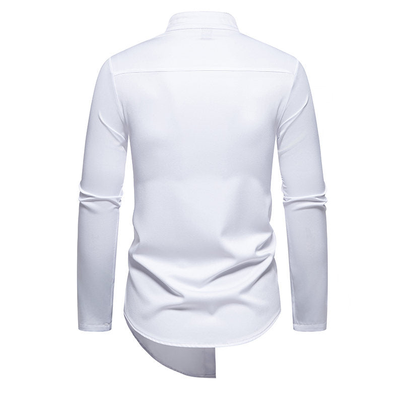 Herren elegantes Langarm-Hemd mit modernem Stehkragen und asymmetrischem Schnitt Drune